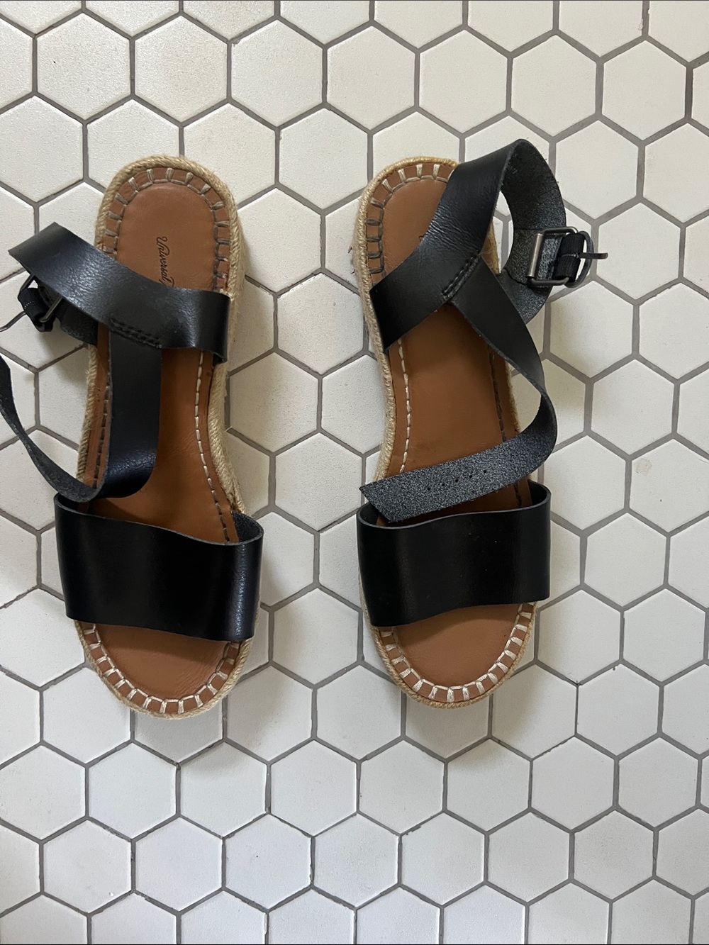 Universal Thread Black Leather Espadrille-Style Ankle Strap Sandals